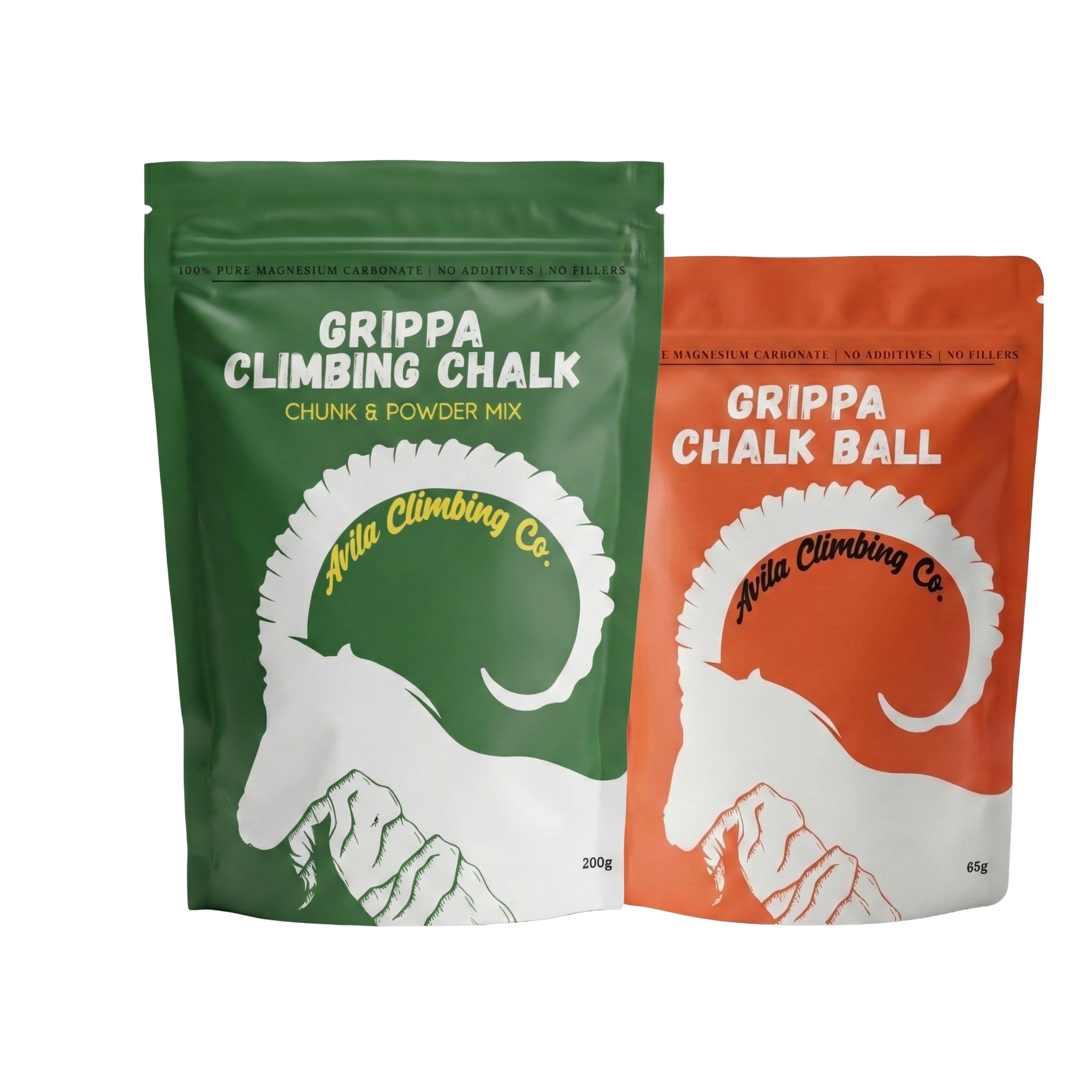 Two packages of Grippa Climbing Chalk from Avila Climbing Co on a white background