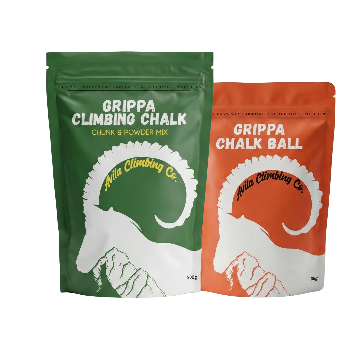 Two packages of Grippa Climbing Chalk from Avila Climbing Co on a white background