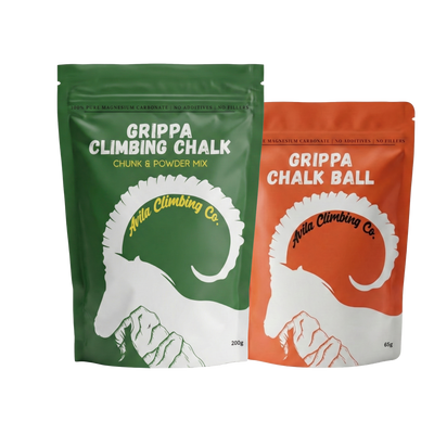 Two packages of Grippa Climbing Chalk from Avila Climbing Co on a white background
